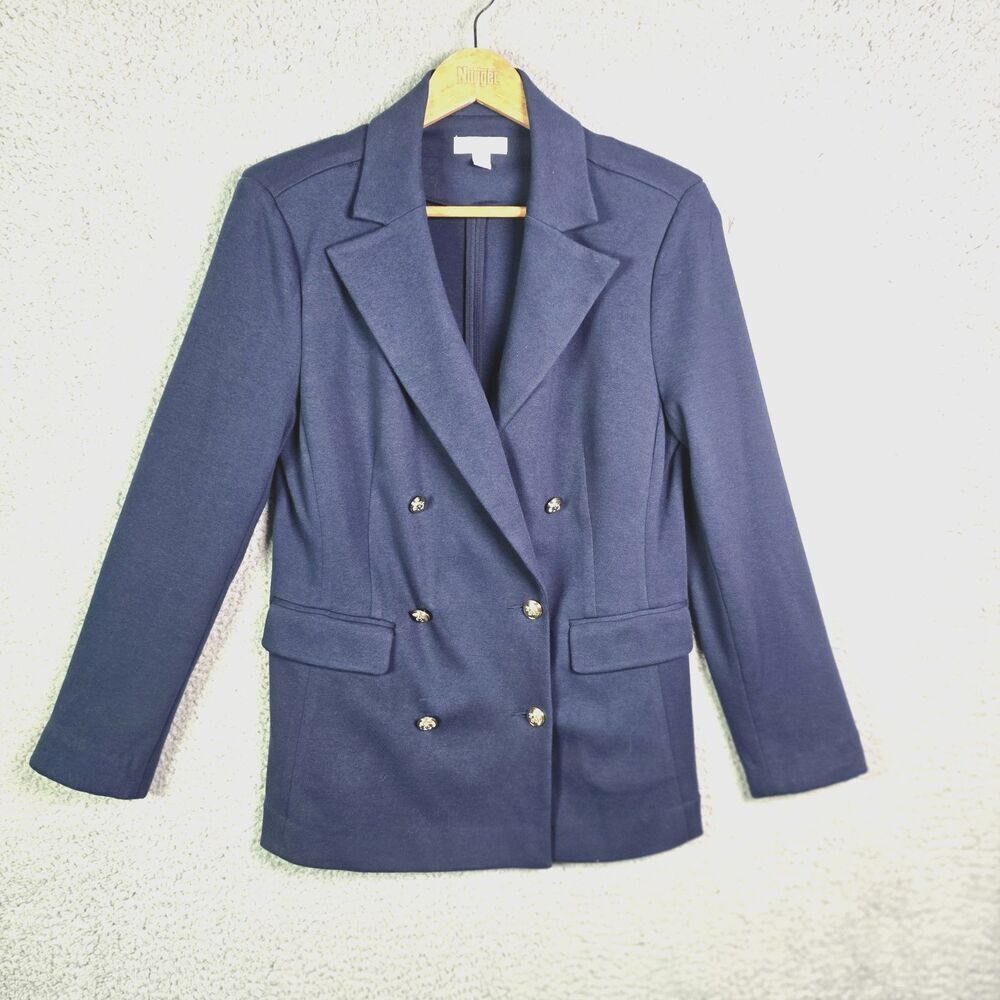 Charter Club Navy Double Breasted Blazer Gold Buttons Soft Stretch Cotton M
